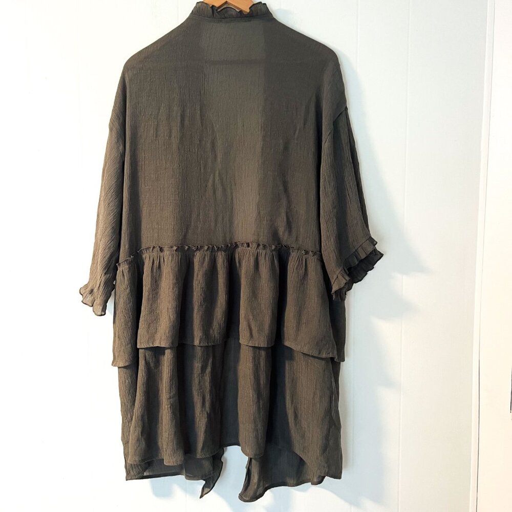 Easel Sage Semi Sheer Double Ruffled Long Open Front Cardigan Medium - Picture 5 of 9